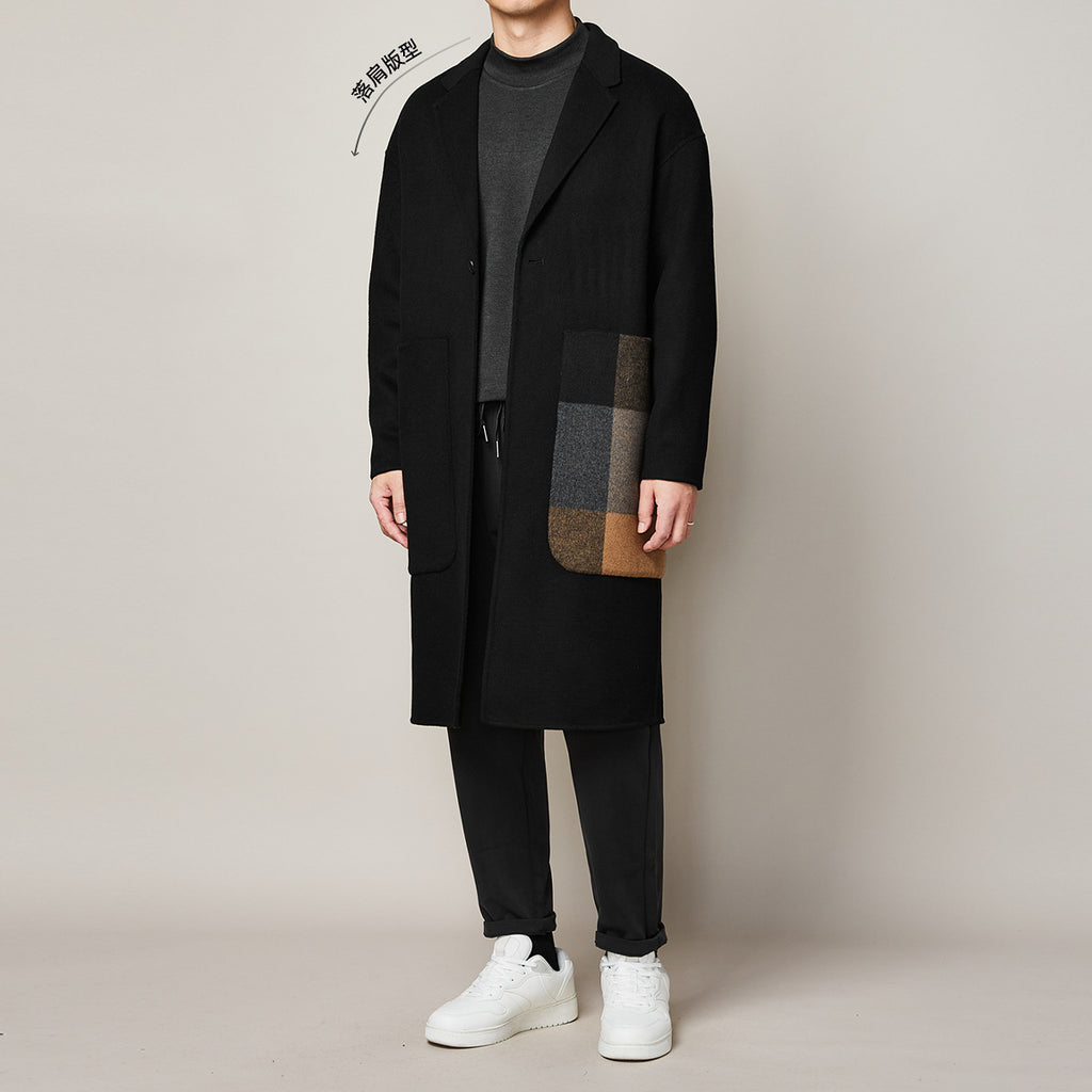 Men's Color Contrast Stitching Long Woolen Coat