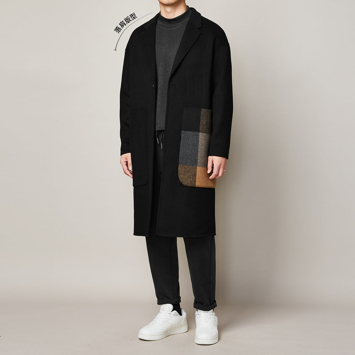 Men's Color Contrast Stitching Long Woolen Coat
