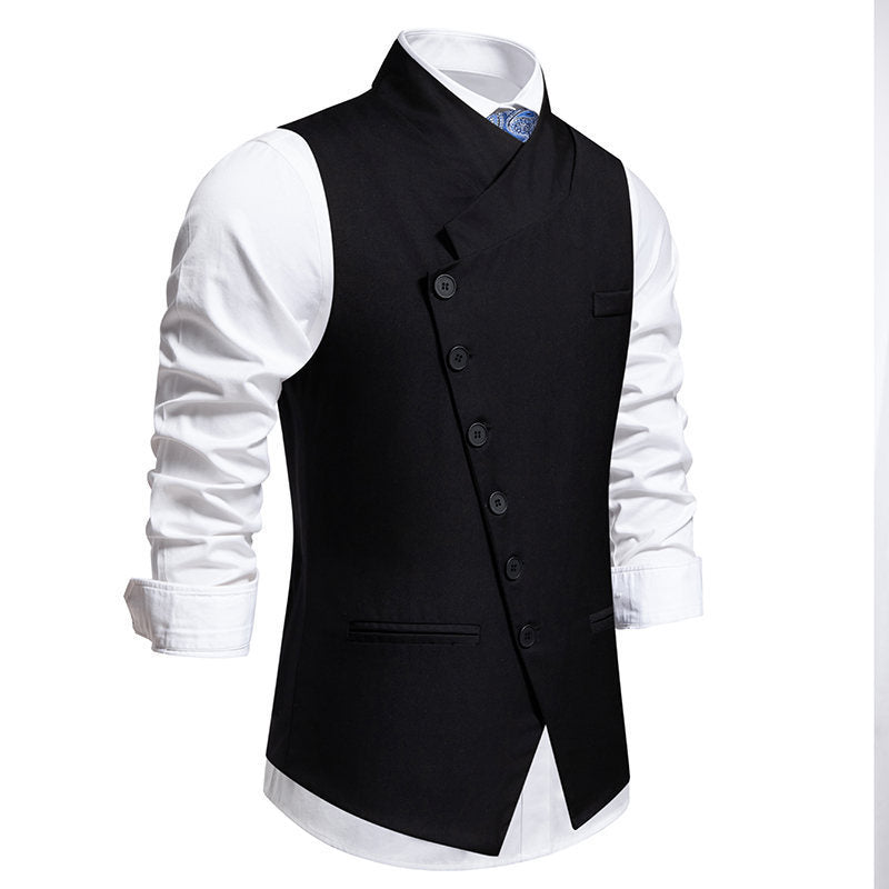 Solid Color European Size Oblique Placket Single-breasted Men's Suit Vest