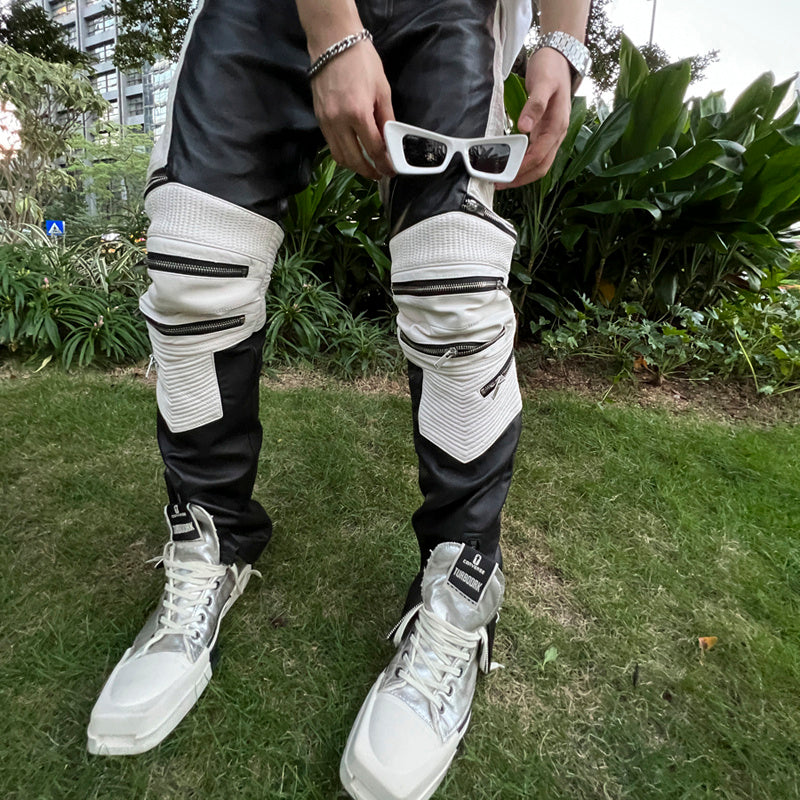 Tide Niche Casual Zipper Sheepskin Leather Slim Fit Pants