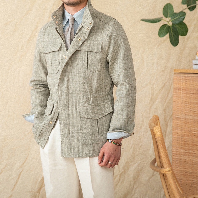 Cotton And Linen Stand-up Collar Cinched M65 Safari Jacket