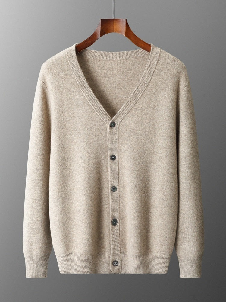 Pure Wool Cardigan Men's V-neck Solid Color Long Sleeve sweater