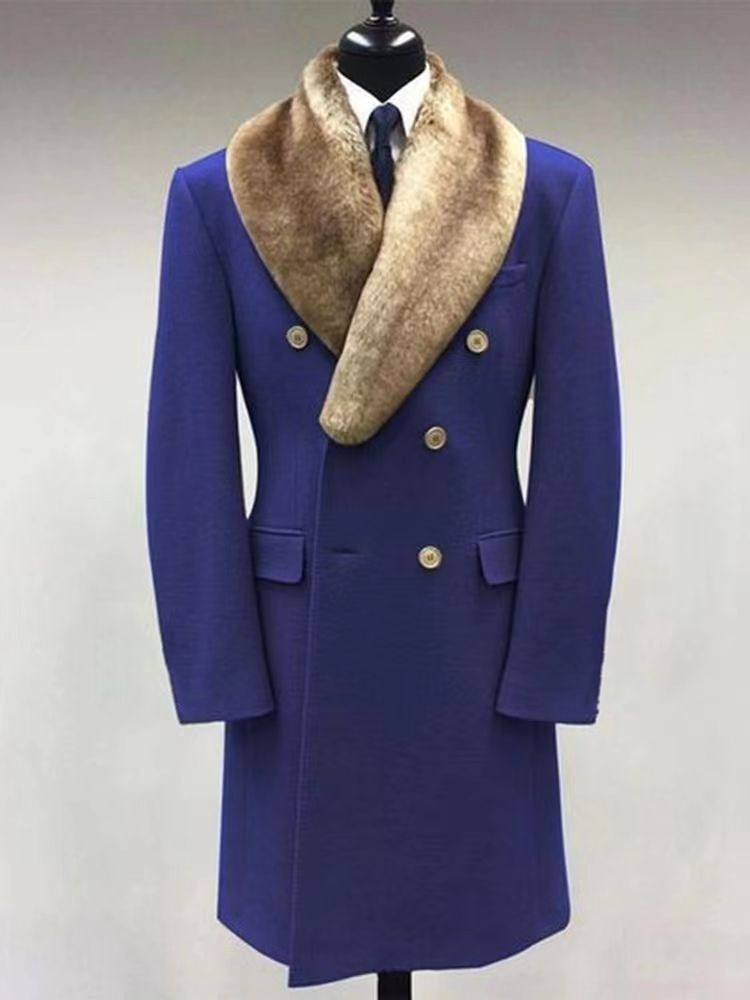 Men Woolen Polo Collar Solid Color Mid-length Pocket Casual Coat