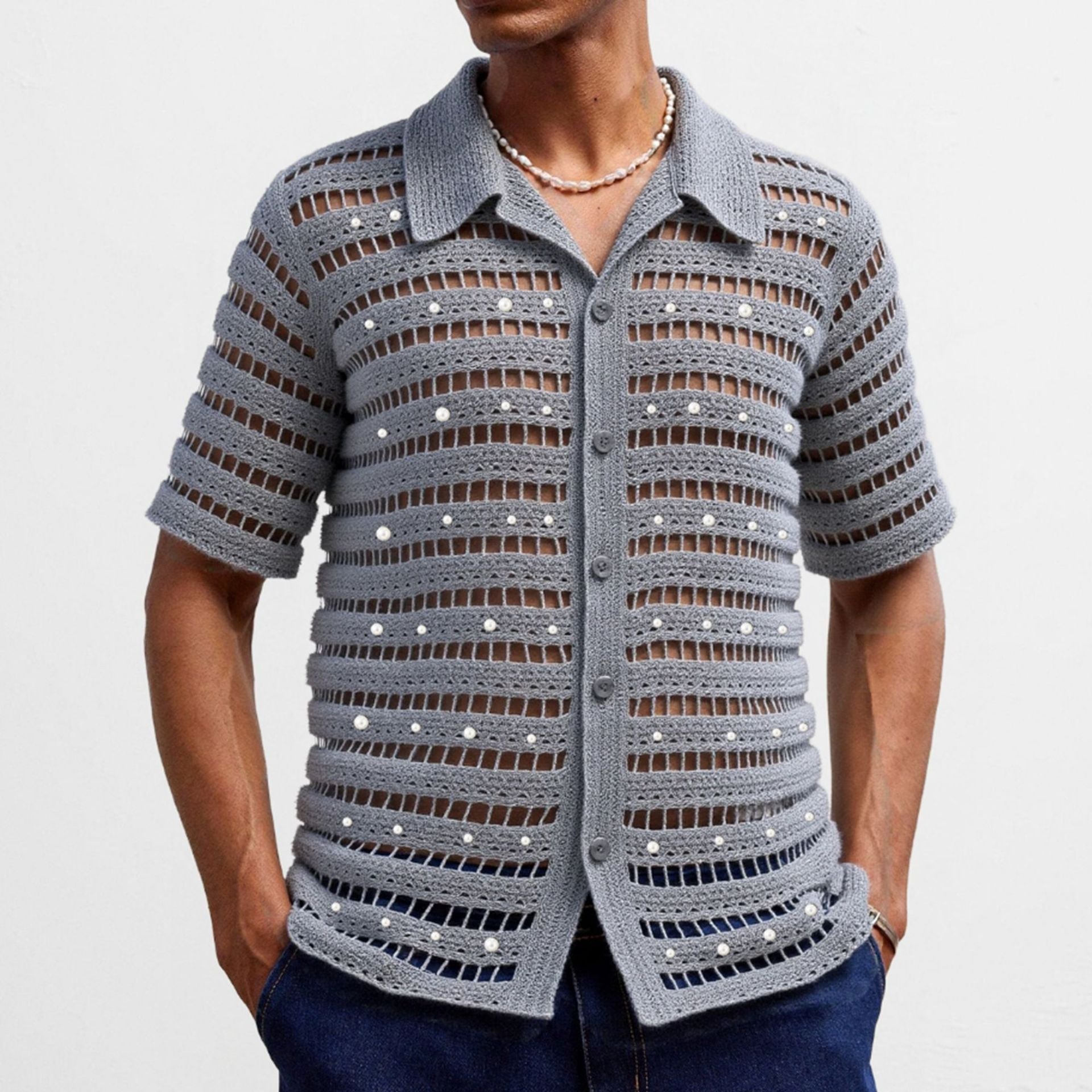 Men's French Beaded Hollow Shirt