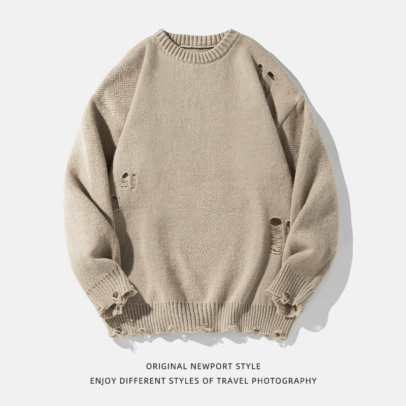 Retro Hollow-out Ripped Design Round Neck Sweater