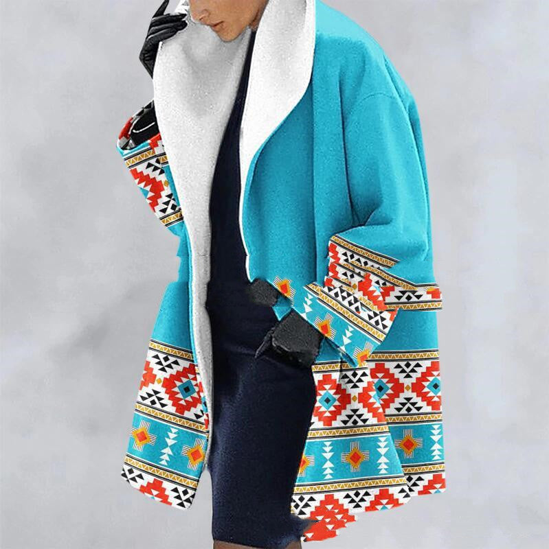 Thick Woolen Print Hooded Loose Medium Length trench Coat