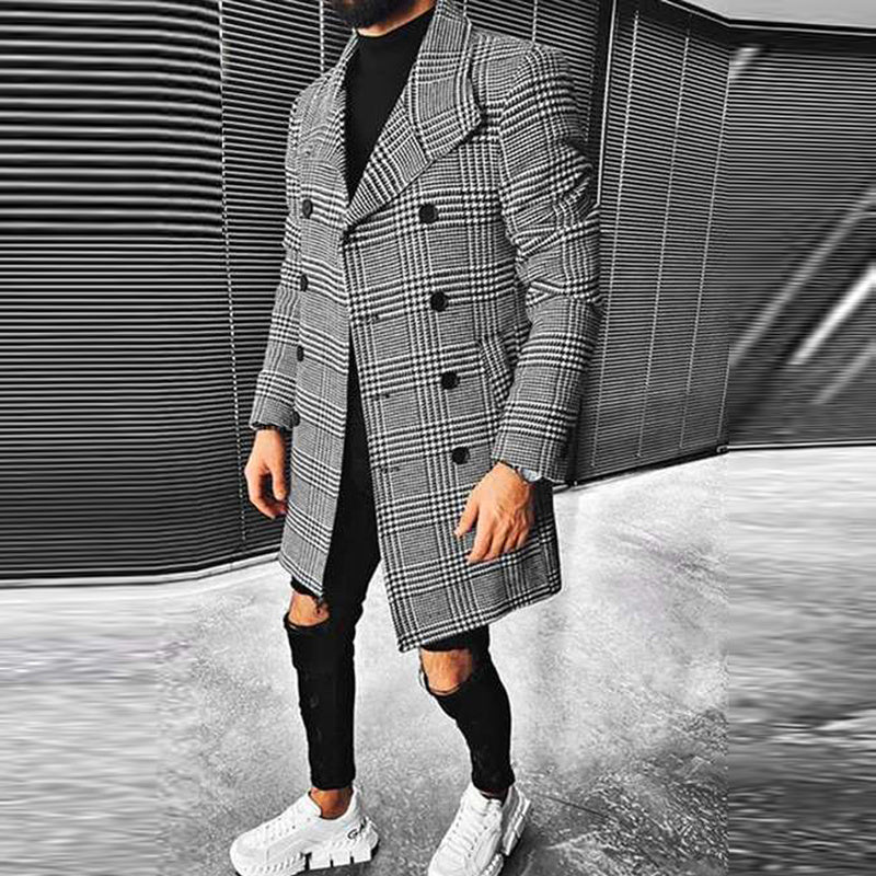 Plaid Double Breasted Lapel Coat Mid Length Coat