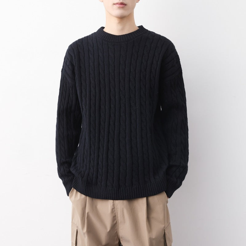 Men's Thick Solid Color Loose Round Neck Twisted Sweater