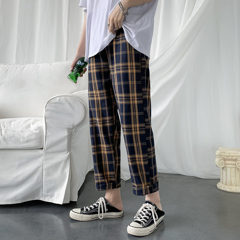 Men's Summer Loose Plaid Leisure Cargo Straight-leg Ankle-length Pants