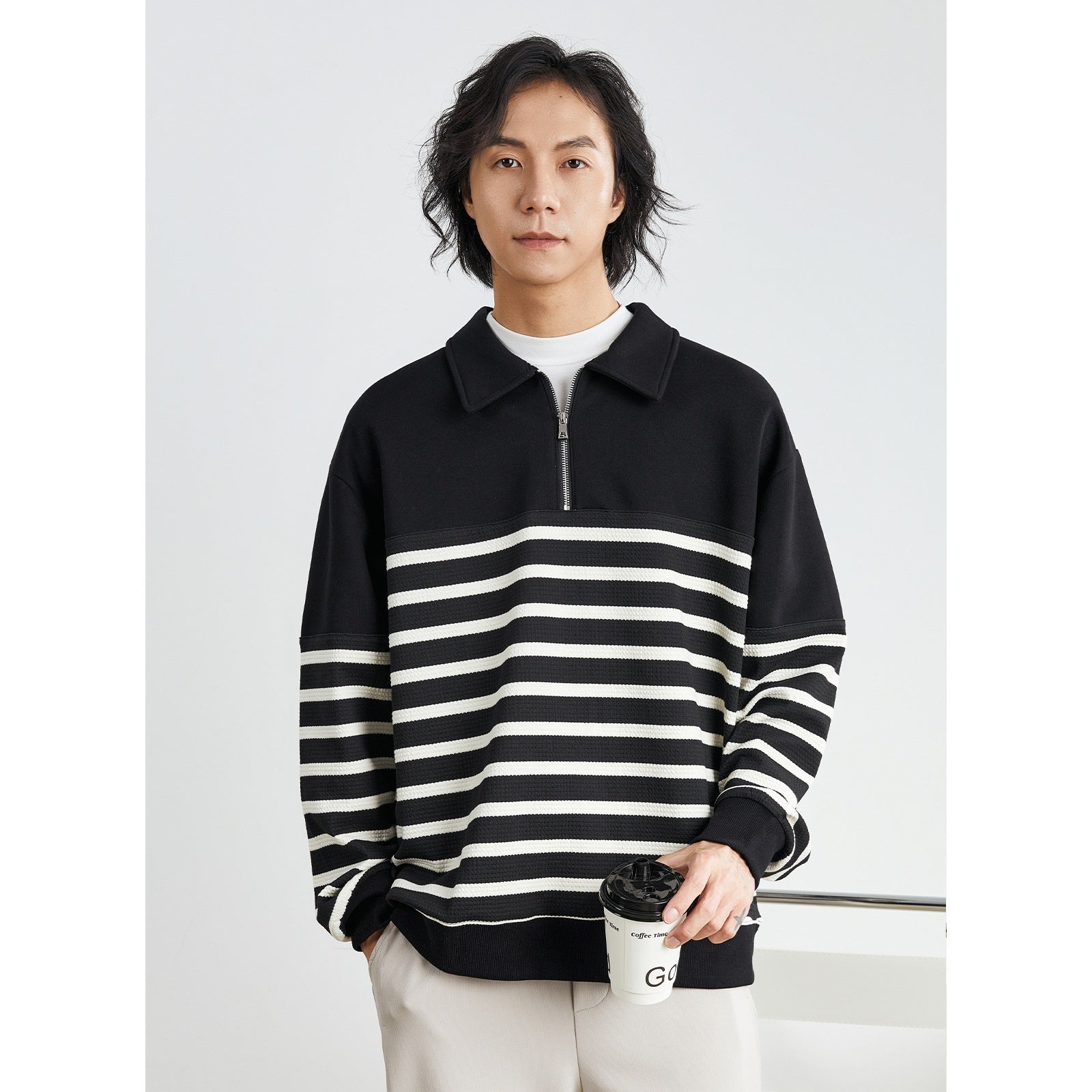 Contrast Color Texture Advanced Lapel Sweater