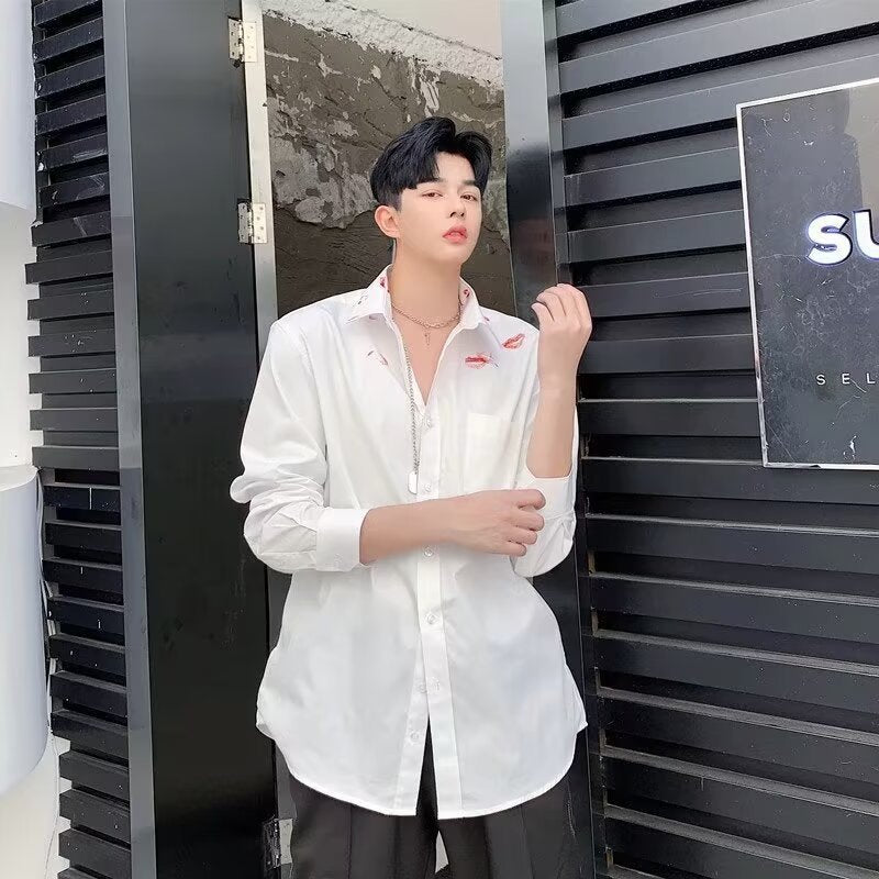 Men's Long-sleeved Lipstick Lip Print Shirt