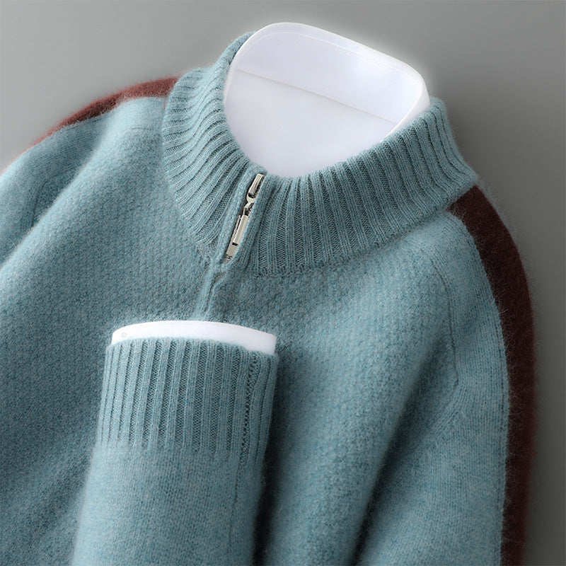 Sheep Wool Sweater Half-height Zip Round Neck Knitted Sweater