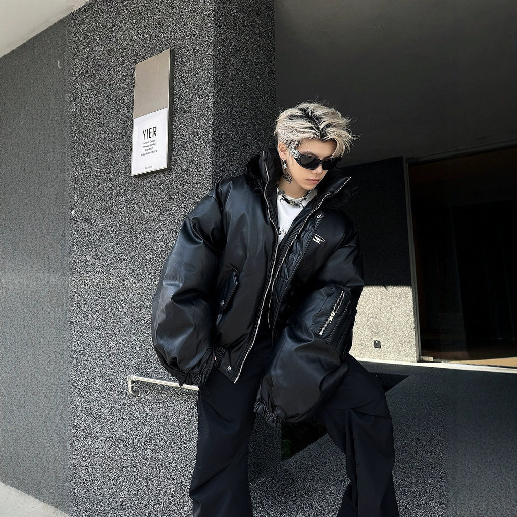 PU Leather Hooded Cotton Coat Jacket