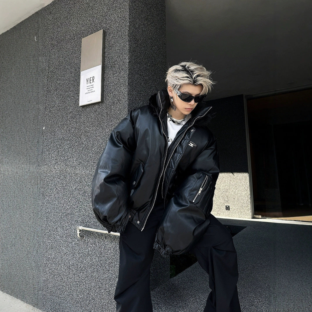 PU Leather Hooded Cotton Coat Jacket