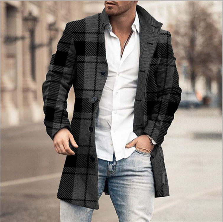 Fall Winter Men Woolen Stand Collar Mid-length trench coat