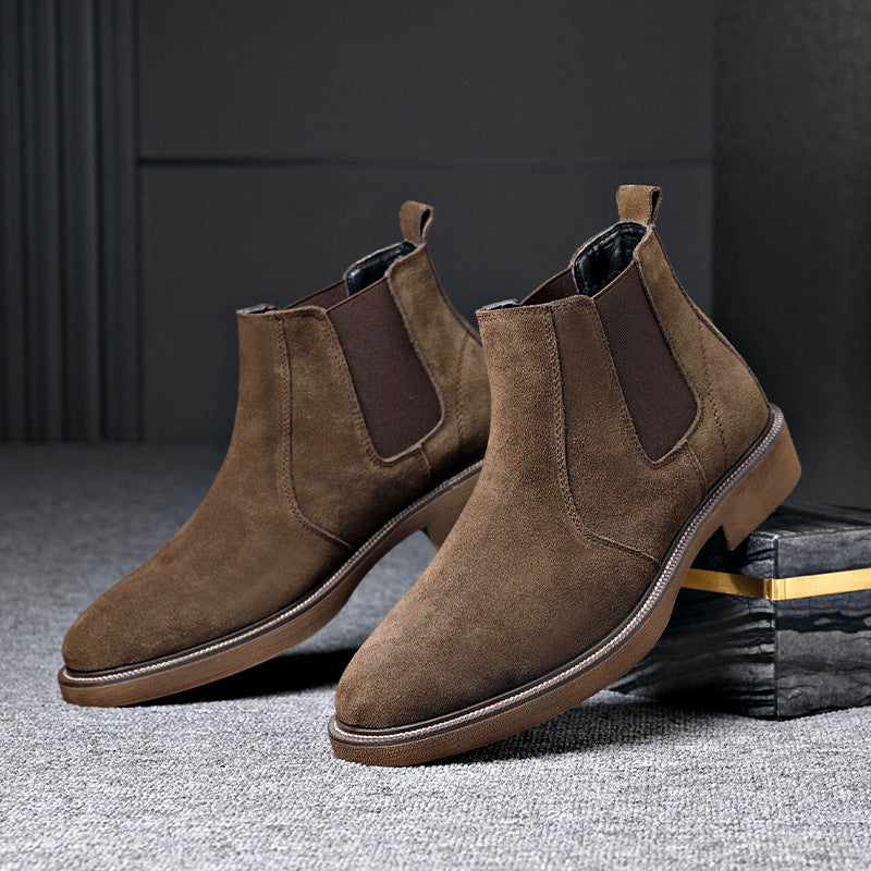 Men's Suede Leather Autumn And Winter Fleece-lined Pointed Ankle Boots