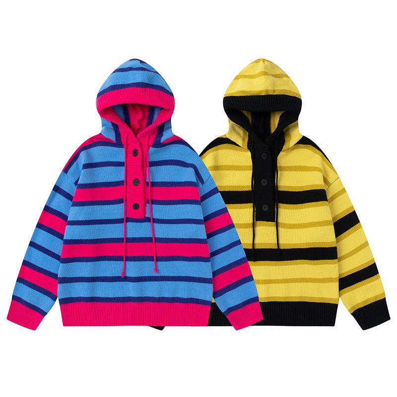 Winter Vintage Stripe Loose Hooded Pullover Sweater