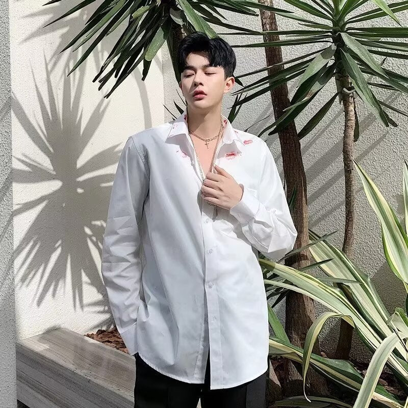 Men's Long-sleeved Lipstick Lip Print Shirt