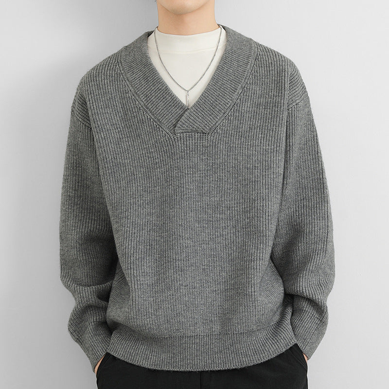 V-neck Men's Solid Color Coarse Yarn Knitted Sweater