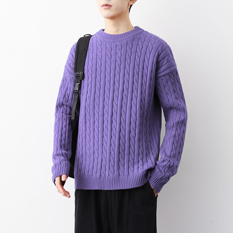 Men's Thick Solid Color Loose Round Neck Twisted Sweater
