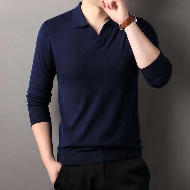 Spring And Autumn Long Sleeve Worsted Thin Lapels T-shirt Sweater