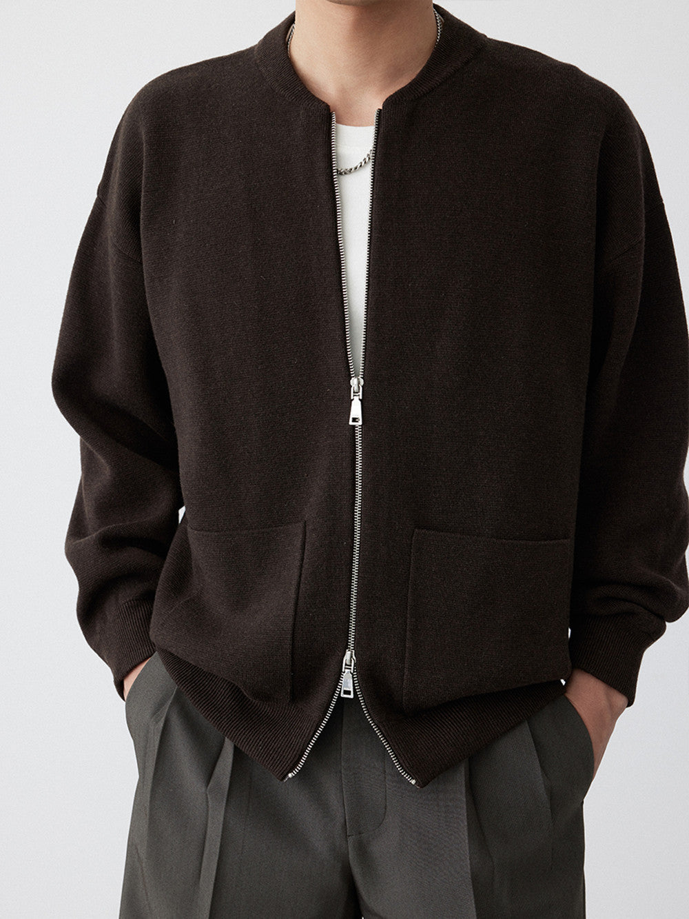 Heavy Two-way Zipper Knitted Cardigan Baseball Collar Sweater