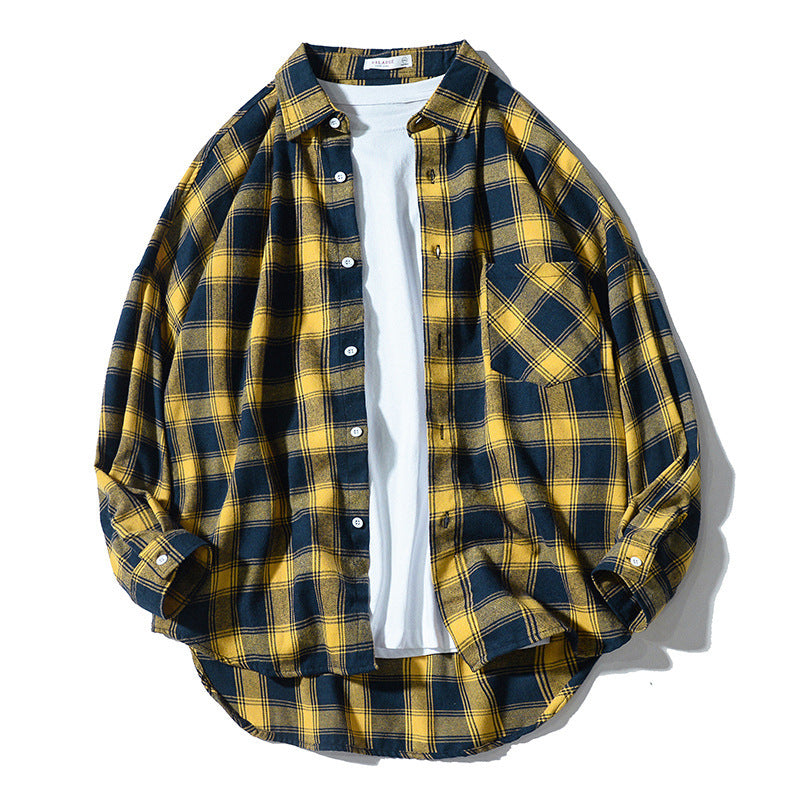 Japanese Style Plaid Long Sleeve Shirt men