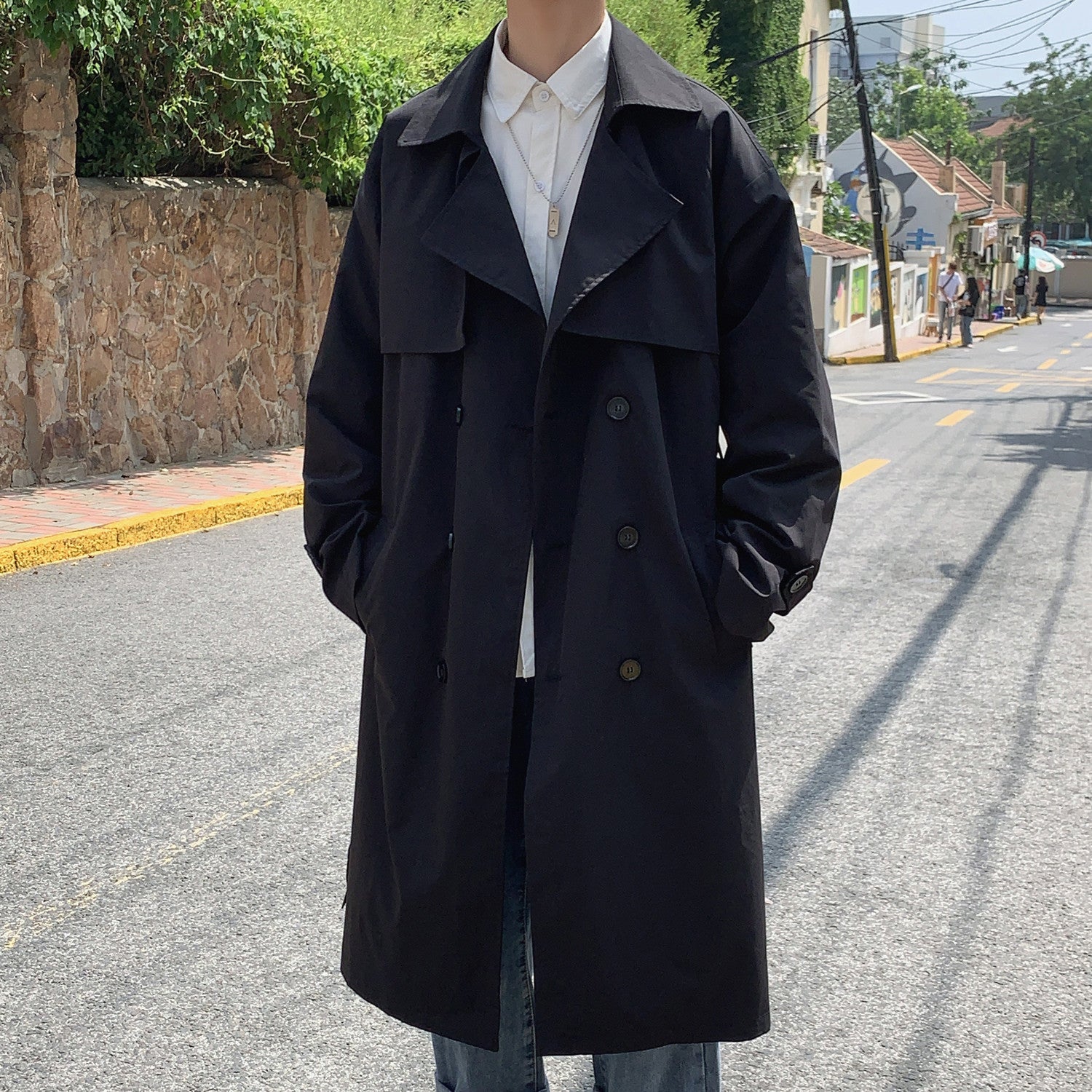 Double Breasted Men's Medium Length Trench Coat
