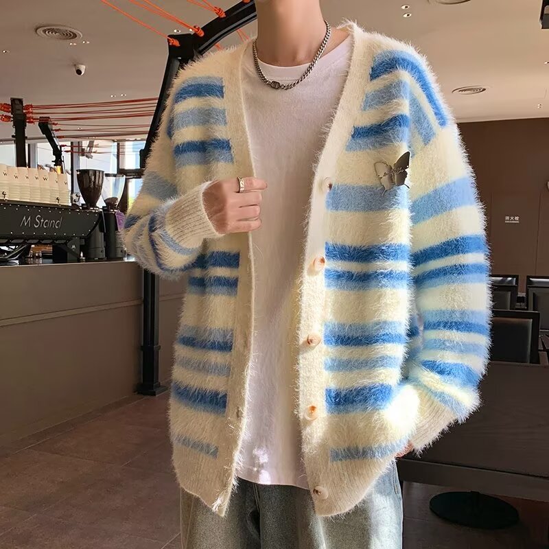 Autumn And Winter Striped Cardigan Sweater Coat For Men