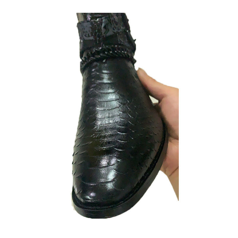 Men's Leather Serpentine Pointed Flower Chelsea Boots