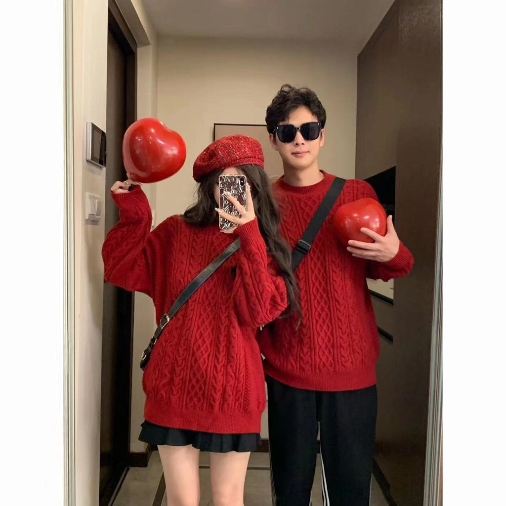 Couple's Red Sweater Men's Lazy Thick Hemp Flowers Knitwear Winter Wool sweater