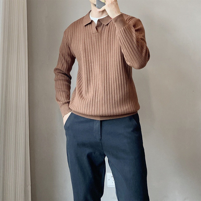 Lightly Mature Spring And Autumn Stripes Lapel Loose Elastic Knitted Sweater