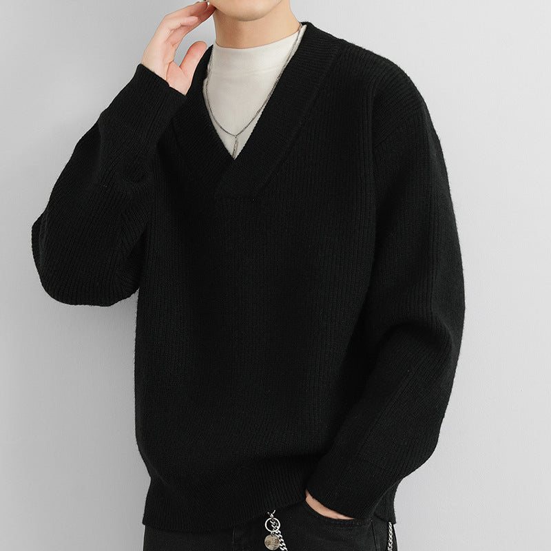 V-neck Men's Solid Color Coarse Yarn Knitted Sweater
