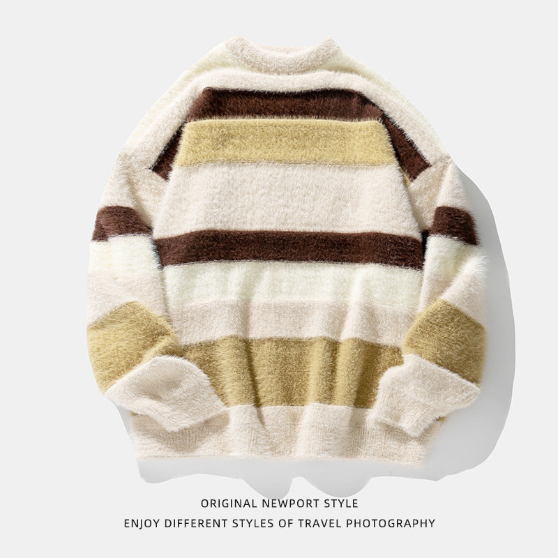 Artificial Mink Fur Contrast Color Striped Round Neck Sweater