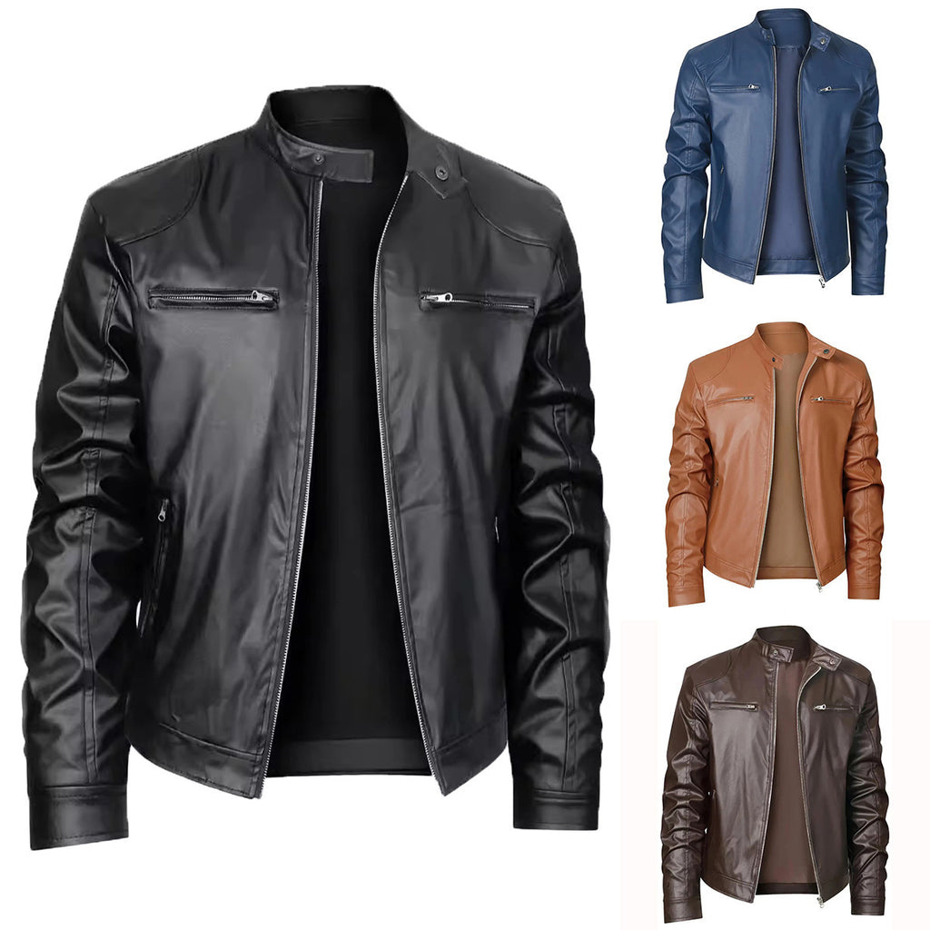 Men's Stand-up Collar Slim Fit Leather Zipper jacket