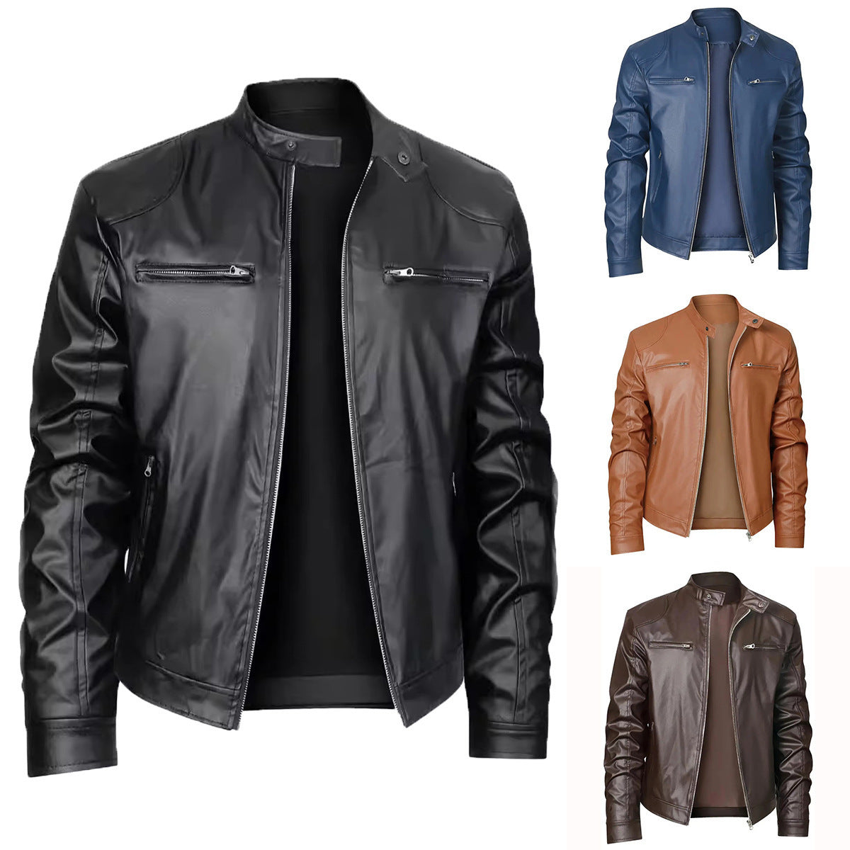 Men's Stand-up Collar Slim Fit Leather Zipper jacket