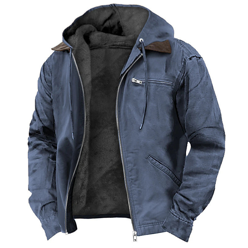 Solid Color Hooded Casual Men's Fleece Zipper Pocket Jacket