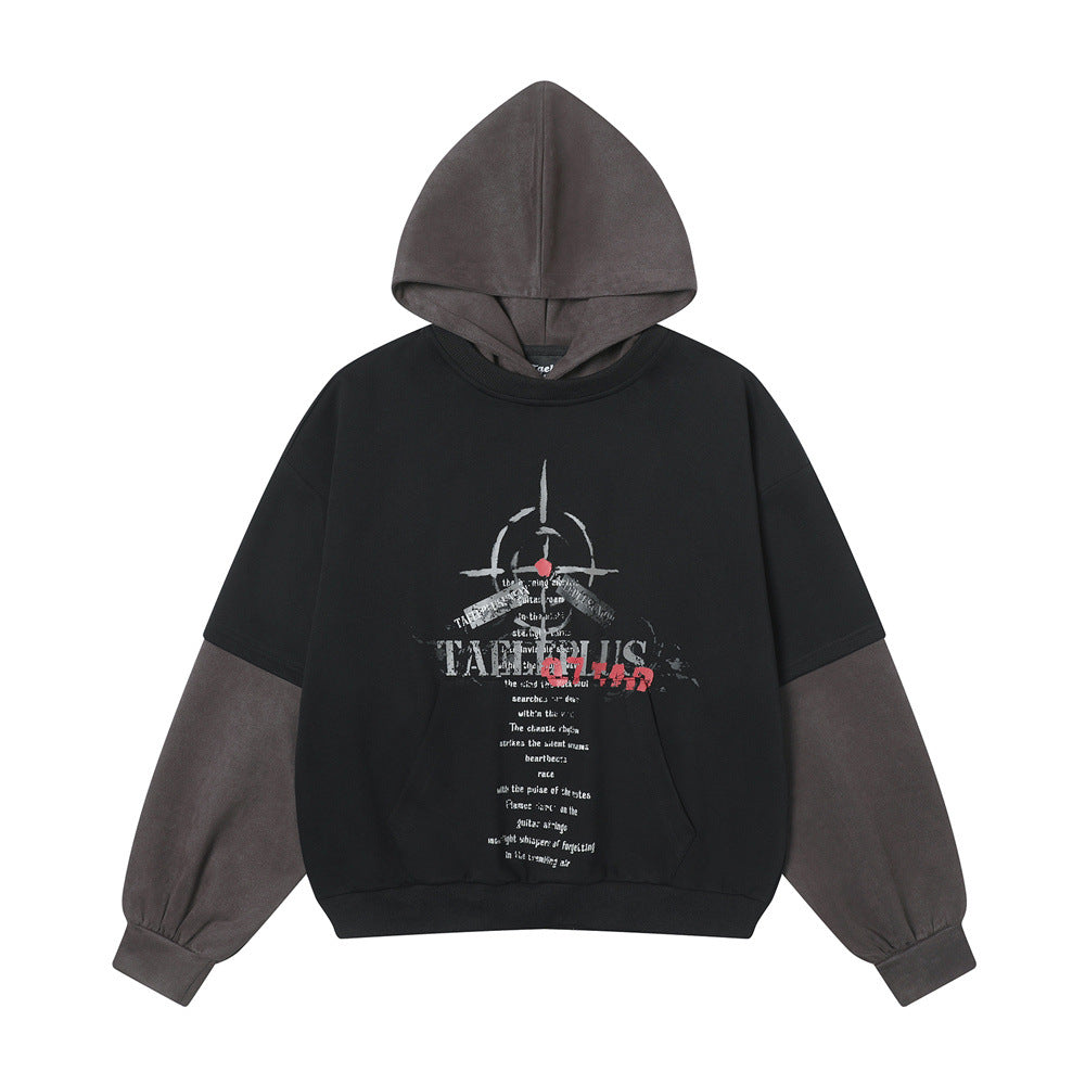 Printed Two-piece Pullover Patchwork Hoodie Men