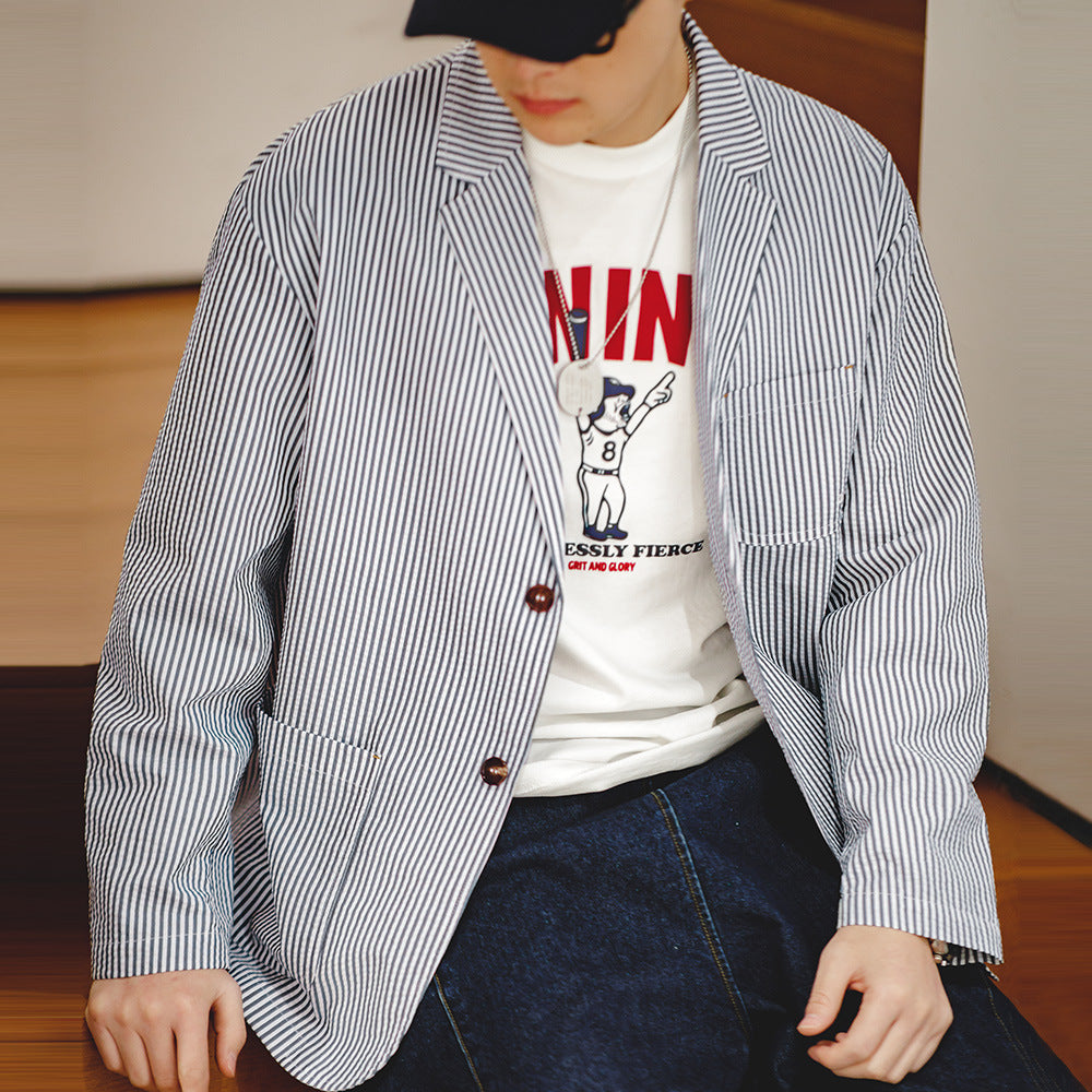 Seersucker Striped Flat Collar Blazer