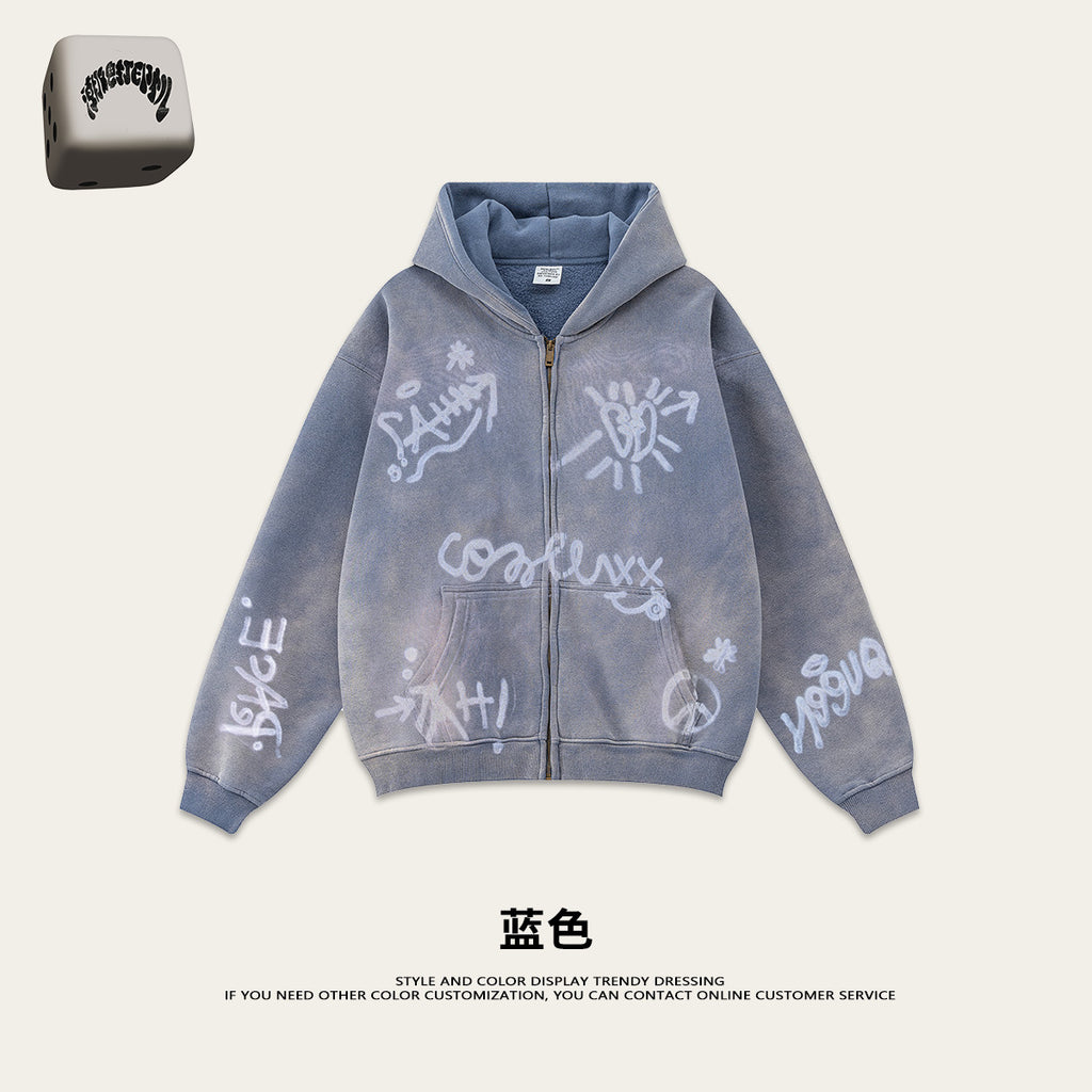 Retro High-grade Graffiti Long-sleeved Knitted Cardigan hooded sweater