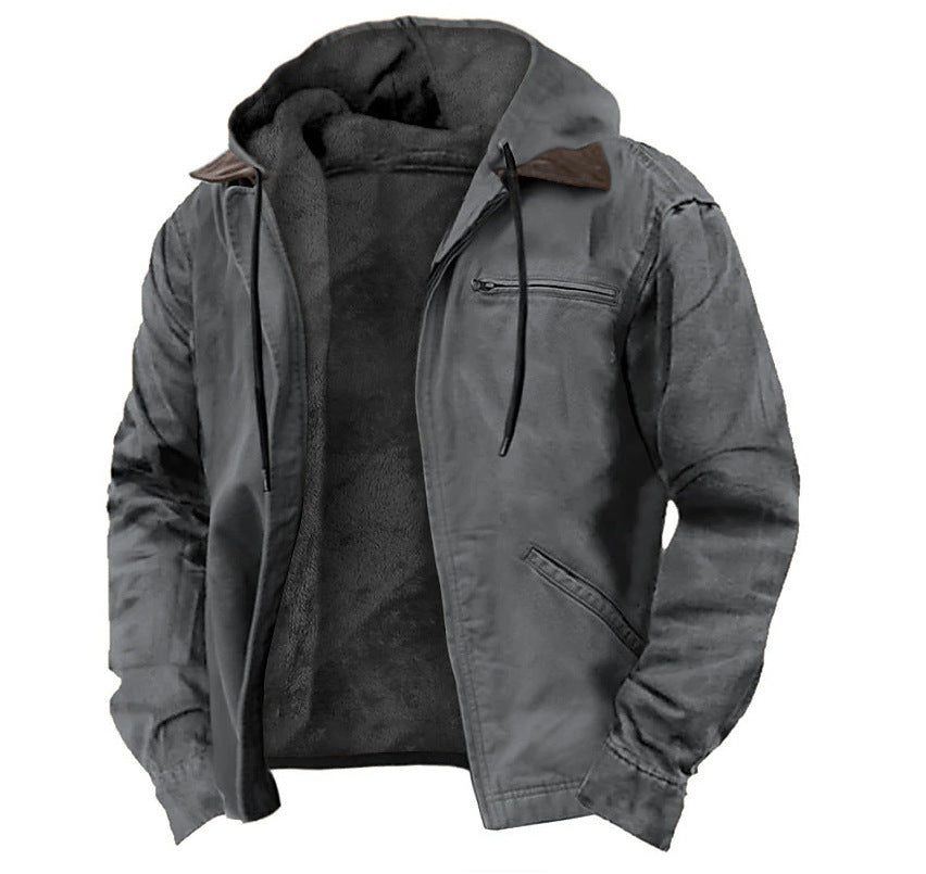 Solid Color Hooded Casual Men's Fleece Zipper Pocket Jacket