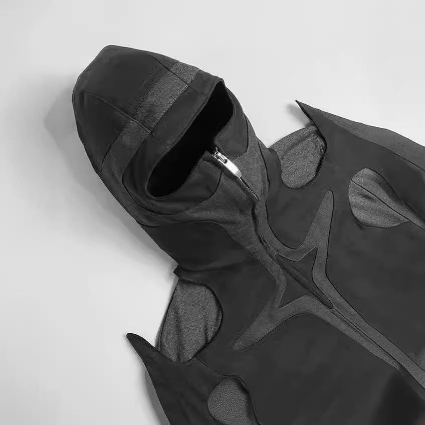 American Street Dark Warrior Style Tooling Long-sleeve Zipper Hooded Patchwork Sweater