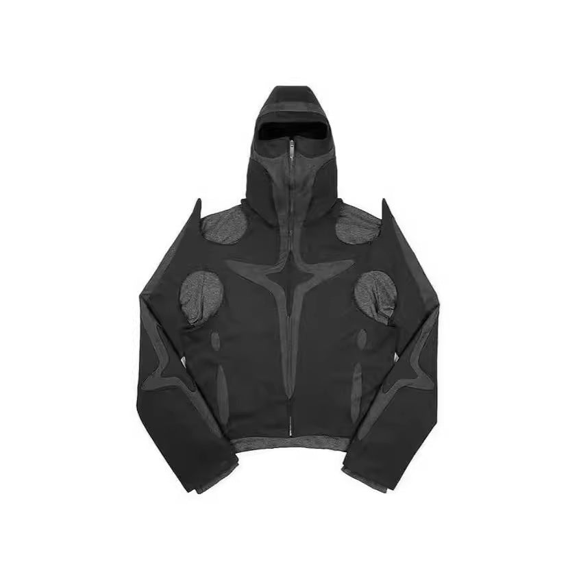 American Street Dark Warrior Style Tooling Long-sleeve Zipper Hooded Patchwork Sweater