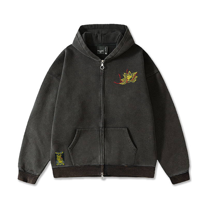 Autumn And Winter Fleece-lined Vintage Style Embroidered Hoodie