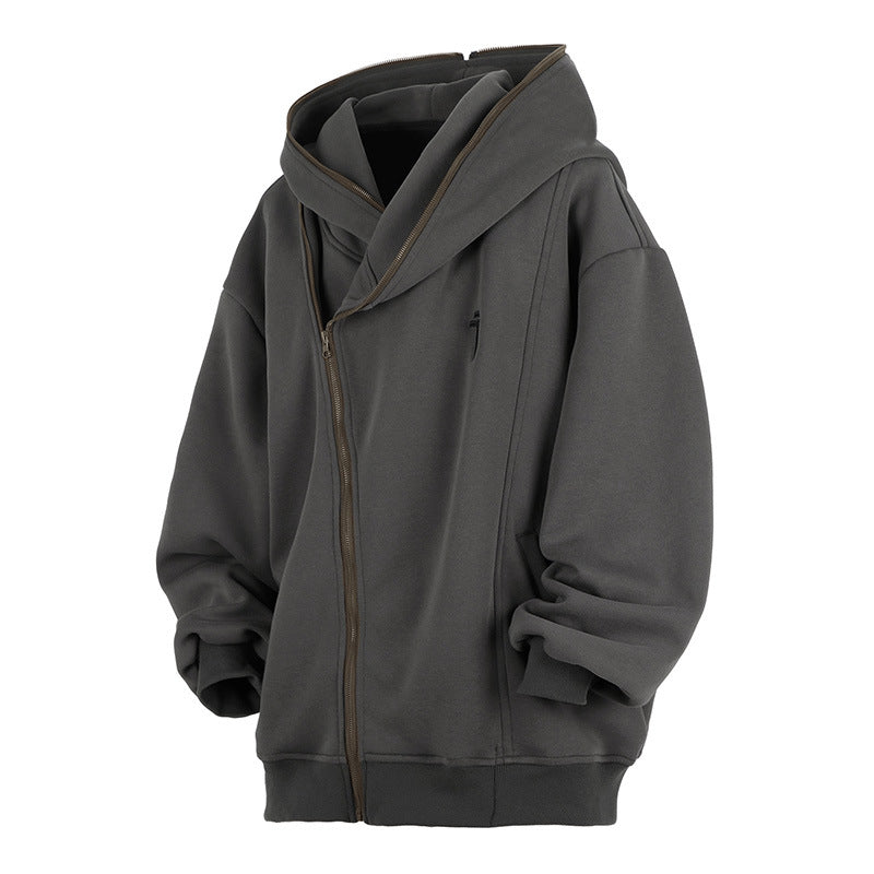 Oblique Zipper Hooded Cardigan Sweater Baggy Coat