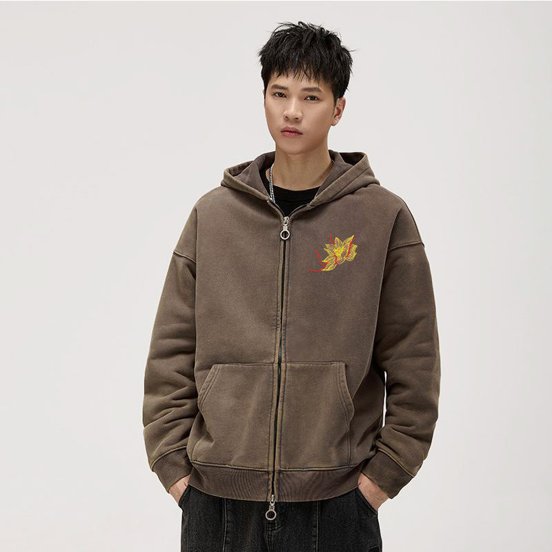 Autumn And Winter Fleece-lined Vintage Style Embroidered Hoodie