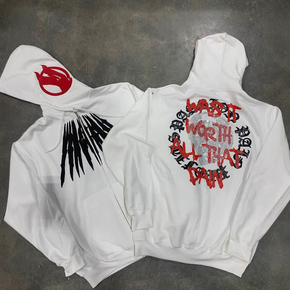 Printed Skull Rhinestone Loose Hooded Sweatshirt