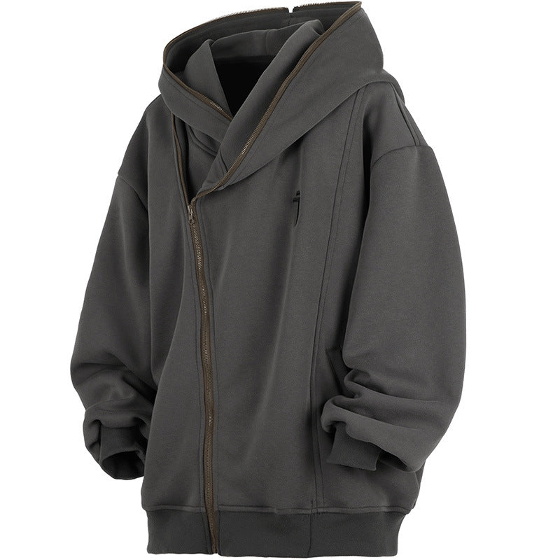 Oblique Zipper Hooded Cardigan Sweater Baggy Coat