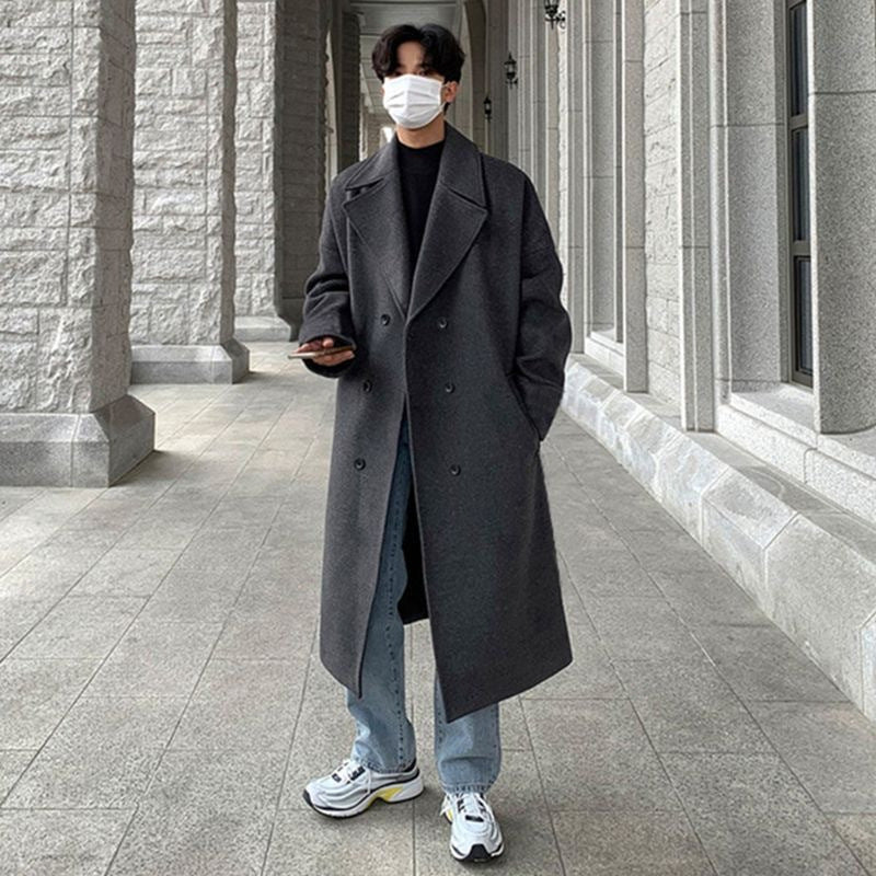 Men's Mid-length Over-the-knee Suit Collar Double Breasted Woolen Trench Coat