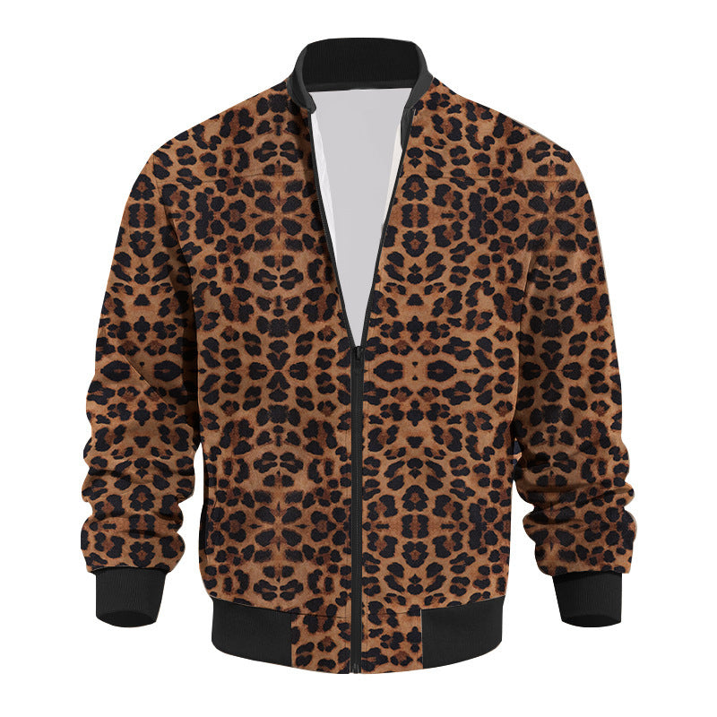Vintage Leopard Print Pattern Men's Zipper Jacket Fleece-lined Long Sleeve Coat